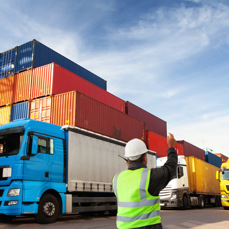 Container terminal with trucks with freight forwarding manager, worker